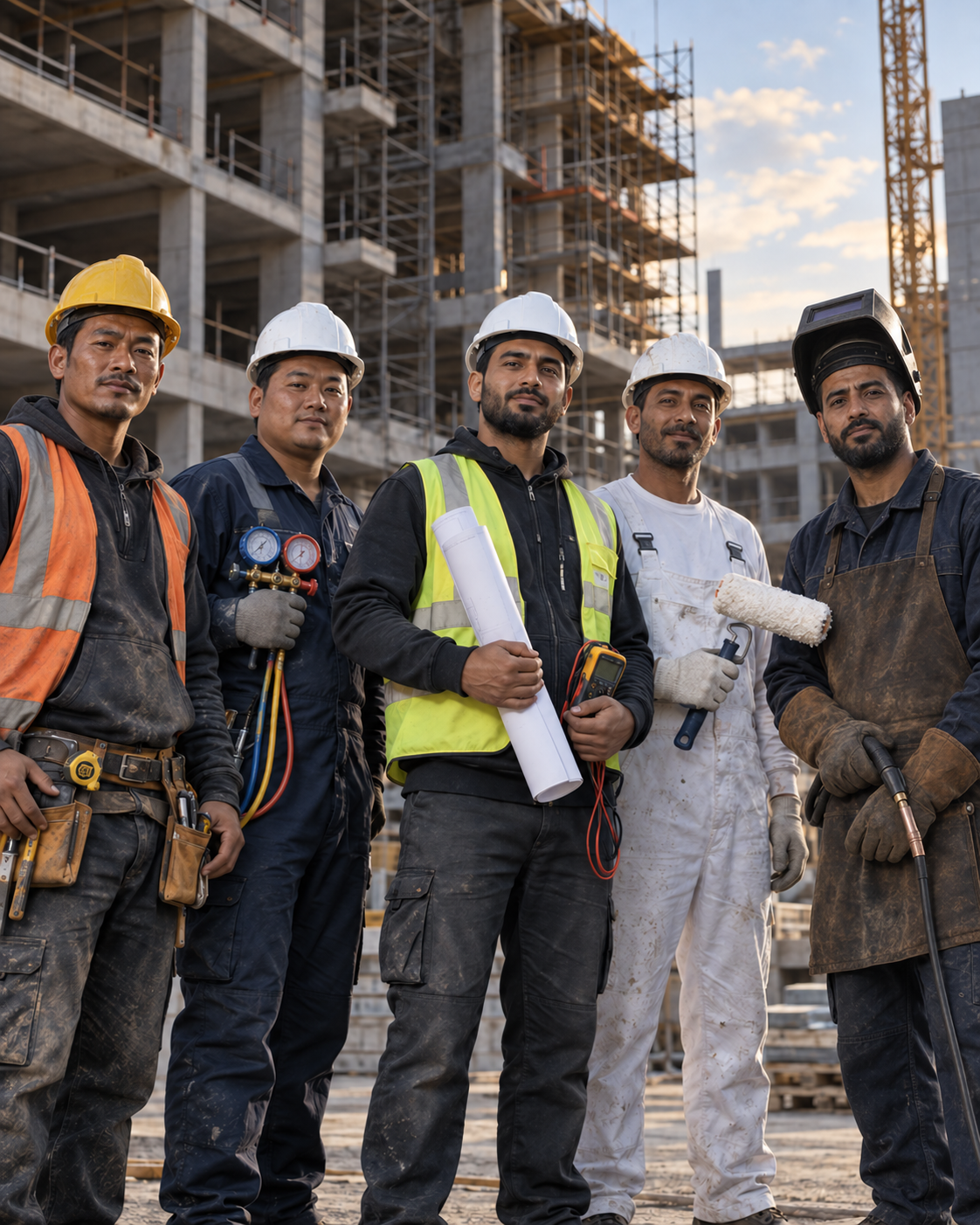 Five construction and trade workers in hard hats and high-visibility clothing standing together at a building site, holding drawings, a multimeter, gauges, a paint roller and a welding torch